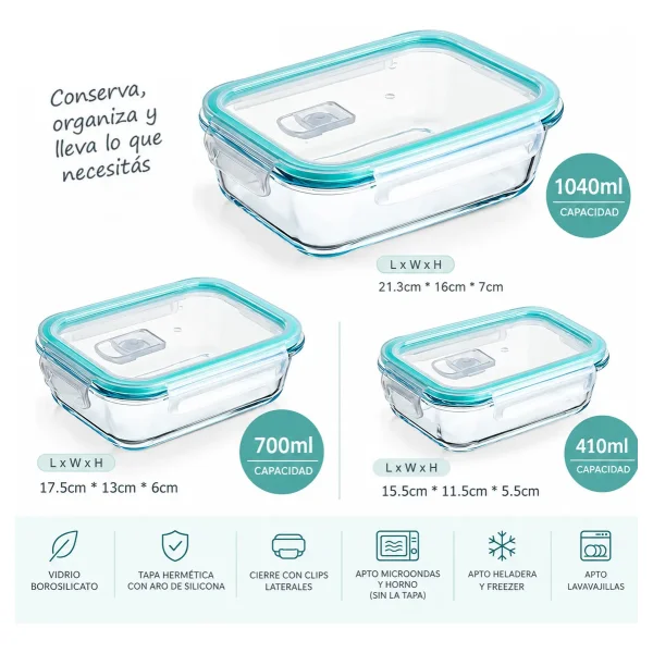 Taper Vidrio Hermético Apto Microondas Horno Freezer 410ml Transparente