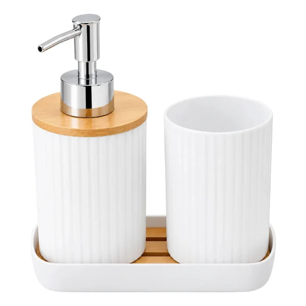 Kit Accesorios Baño 3 Piezas Dispenser Jabonera Bambú Blanco