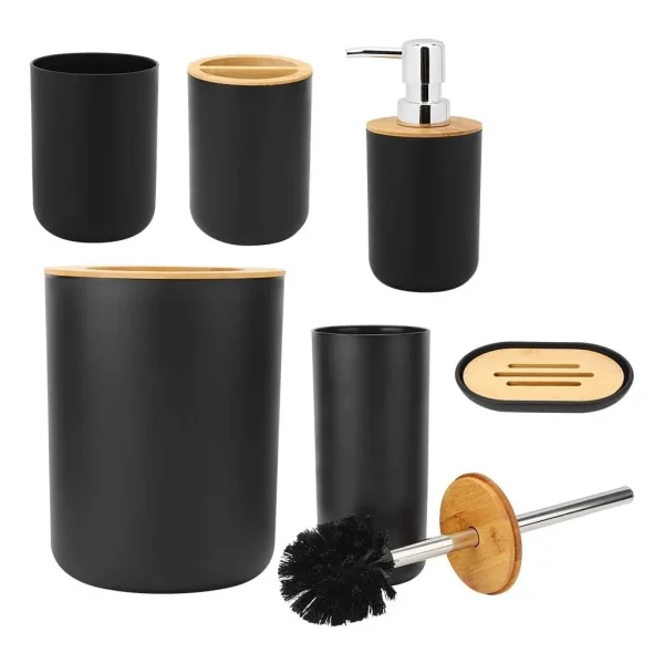 Set Baño 6 Piezas Bambu Tacho Dispenser Jabonera Escobilla Negro