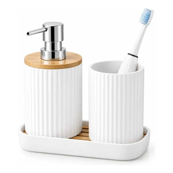Kit Accesorios Baño 3 Piezas Dispenser Jabonera Bambú Blanco