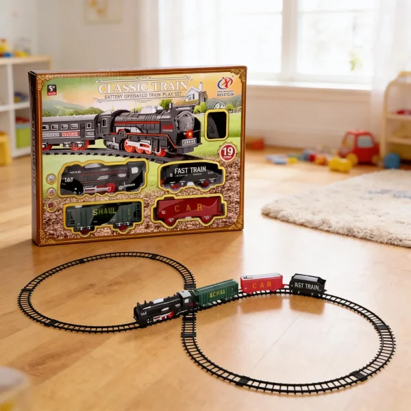 Tren Clásico A Pilas Juguete Locomotora + 3 Vagones Vías Luz