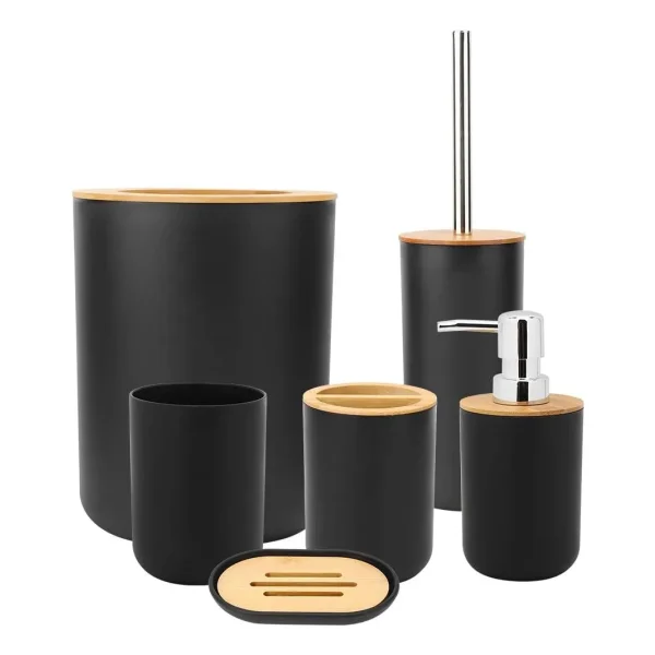 Set Baño 6 Piezas Bambu Tacho Dispenser Jabonera Escobilla Blanco