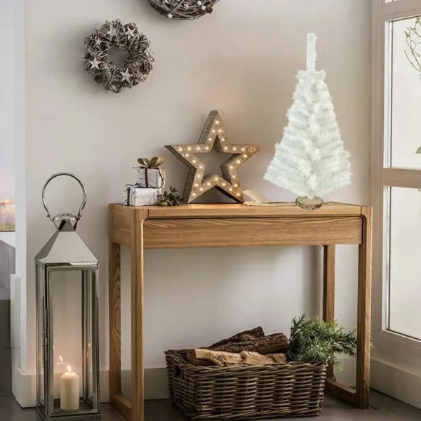 Arbol De Navidad Blanco 80cm Base Tronco Natural Mini Pino