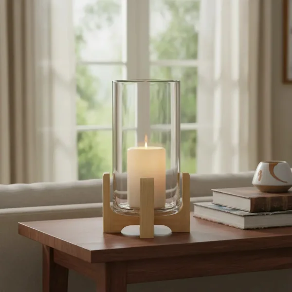 Portavela Jarrón De Vidrio Grande Con Base De Madera 34cm Transparente