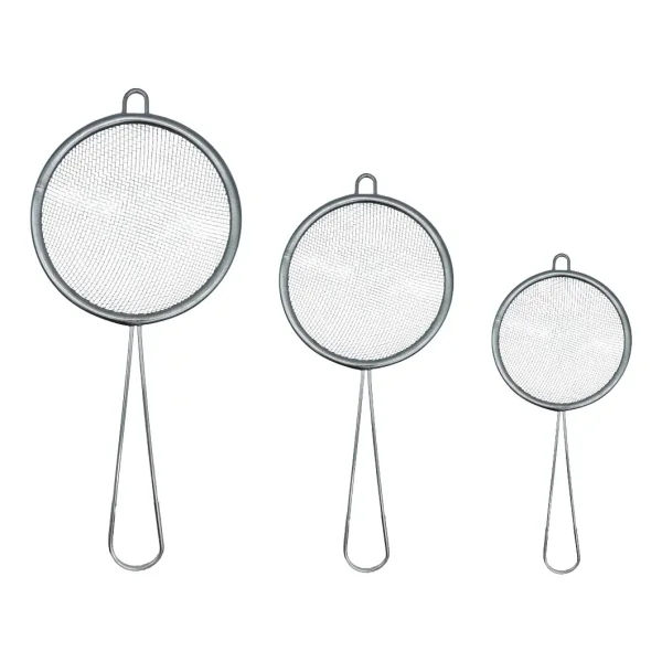 Set Colador X3 Malla Fina Alambre Metálico Mango Metal Plateado