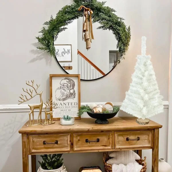 Arbol De Navidad Blanco 80cm Base Tronco Natural Mini Pino