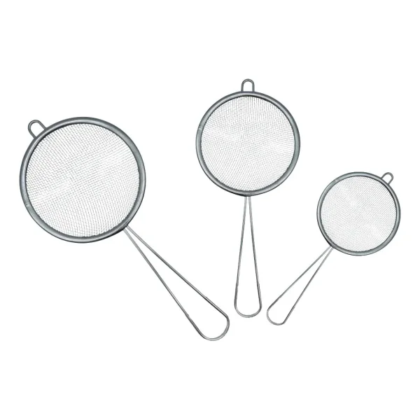 Set Colador X3 Malla Fina Alambre Metálico Mango Metal Plateado