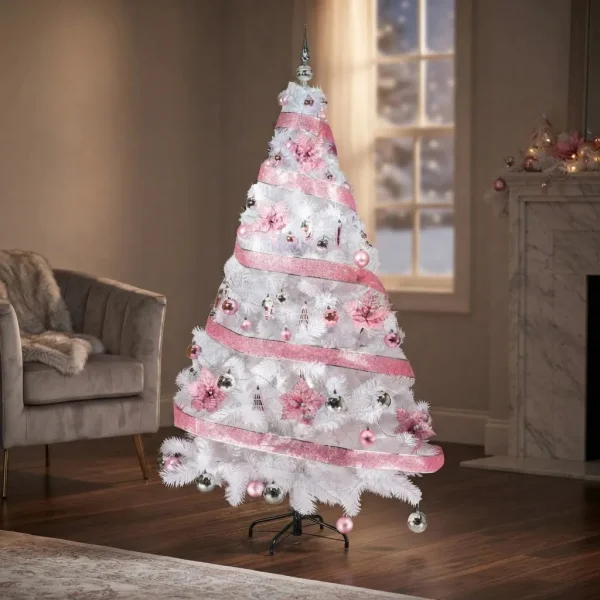Arbol de Navidad Blanco Tronador De Lujo 1.50mts + Kit Rosa