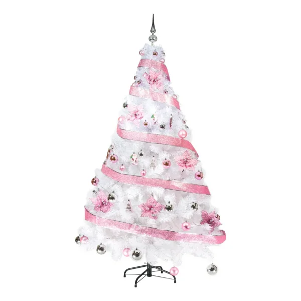Arbol Navidad Blanco Tronador Lujo 1.80mts Decorado Rosa Blanco