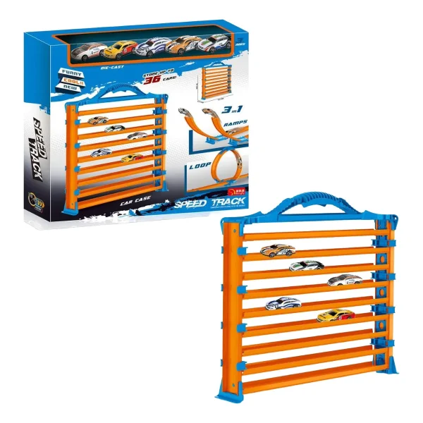 Pista Transportador + 5 Autos Garaje Loop Rampas 3en1 Niños Naranja