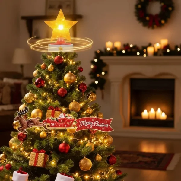 Puntal Árbol Navidad Trineo Reno Giratorio Luz Y Sonido Amarillo