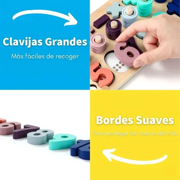 Tablero Madera Montessori 3 En 1 Números Formas Sensorial Multicolor