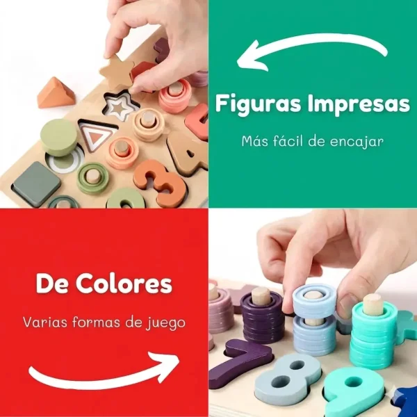 Tablero Madera Montessori 3 En 1 Números Formas Sensorial Multicolor