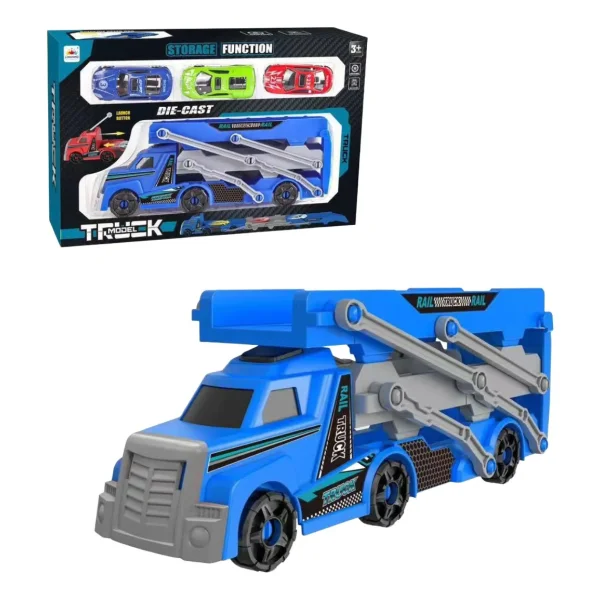 Camion Transportador Lanzador + 3 Autos De Carrera Niños Azul