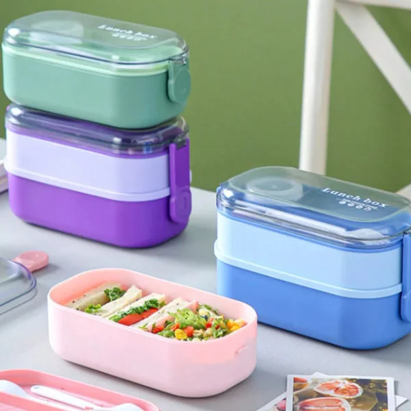 Lunchera Vianda Hermética 2 Pisos Con Cubiertos Verde Verde