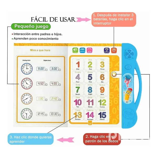 Libro Didactivo Interactivo Tactil Bilingüe Con Sonido Niños Celeste
