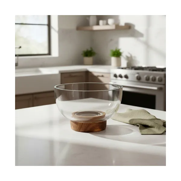 Bowl Vidrio Ensaladera Recipiente Con Base De Madera 16cm