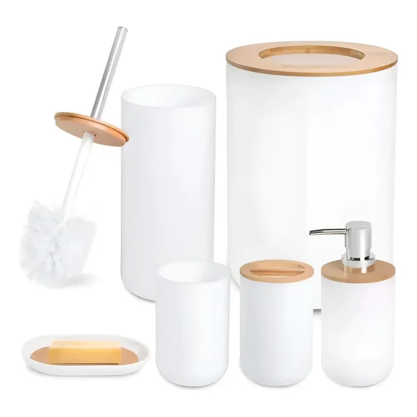 Set Baño 6 Piezas Bambu Tacho Dispenser Jabonera Escobilla Blanco