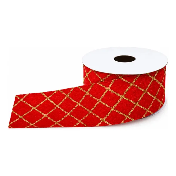 Cinta Navideña Terciopelo Rombos Dorados 3,5cm X 2,7m Adorno Rojo