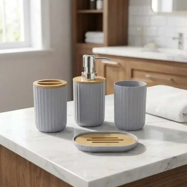 Set Accesorios Baño Kit 4 Piezas Dispenser Plastico Bambu Blanco