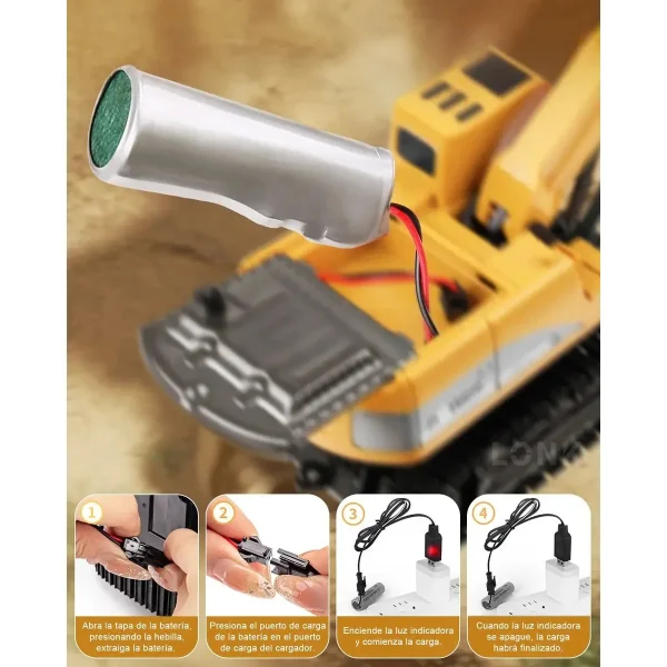 Excavadora Grua Rc 1:24 Recargable A Control Remoto Con Luz Naranja
