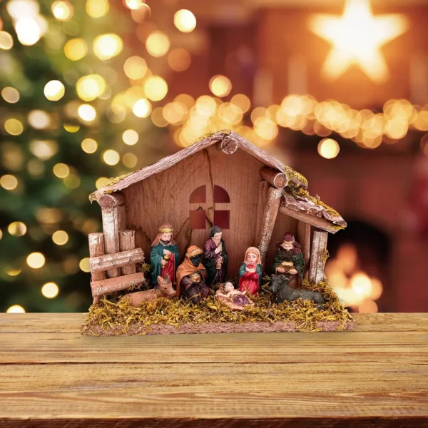 Pesebre Navideño Expreso Polar 8 Figuras Cerámica Madera 20x15.5x7cm