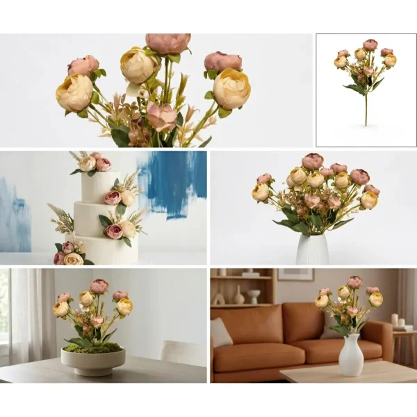 Ramo Flores Artificiales Peonías Mini 30cm Deco Vintage Rosa