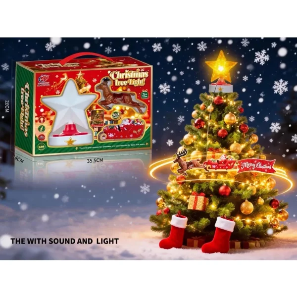 Puntal Árbol Navidad Trineo Reno Giratorio Luz Y Sonido Amarillo