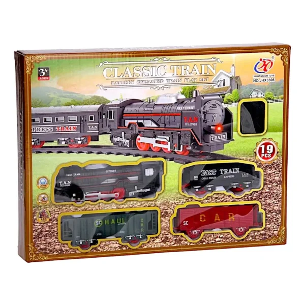 Tren Clásico A Pilas Juguete Locomotora + 3 Vagones Vías Luz