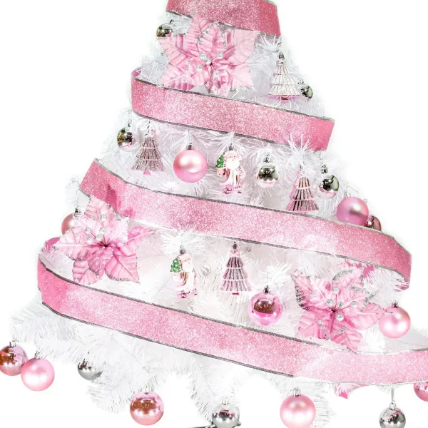 Arbol De Navidad Blanco Tronador Lujo 1,20mts Decorado Rosa