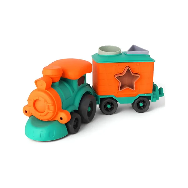 Tren Con Figuras Encastrables Juguete Eco Bioplastico Color Turquesa Personaje Tren Ecológico