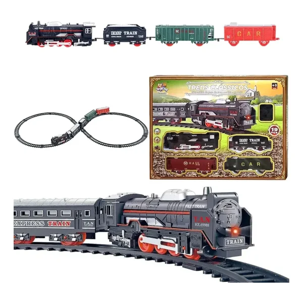 Tren Clásico A Pilas Juguete Locomotora + 3 Vagones Vías Luz