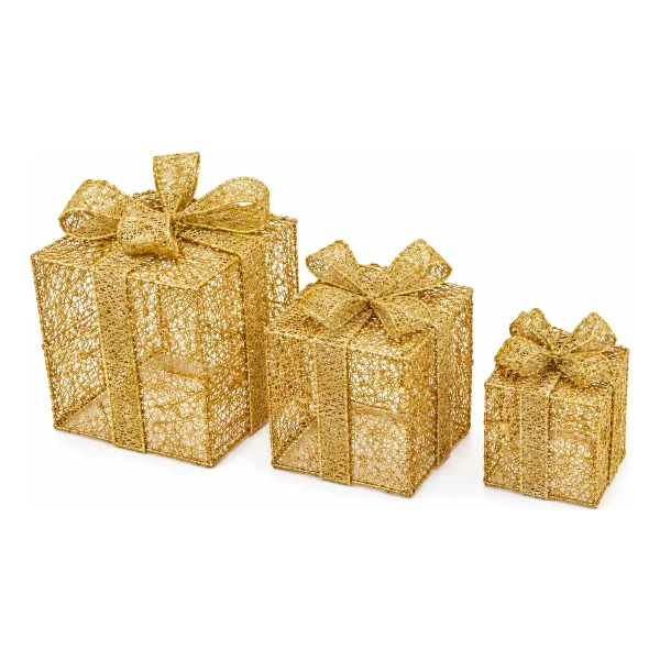 Cajas De Regalo Set X3 Decoración Adorno Navidad Con Moño Oro