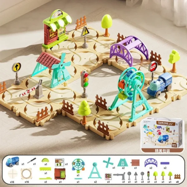 Pista Tren Eléctrico Puzzle 65 Piezas Diy Armable Niños Tren Beige