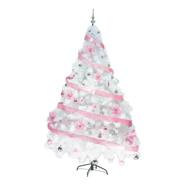Arbol De Navidad Blanco Tronador Lujo 2,10mts Decorado Rosa Blanco