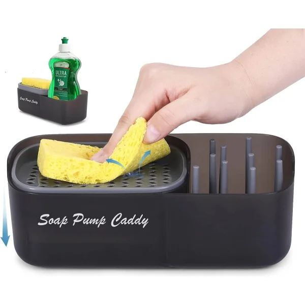 Organizador Dispenser Bacha 3 En 1 Escurridor Cocina Esponja Negro