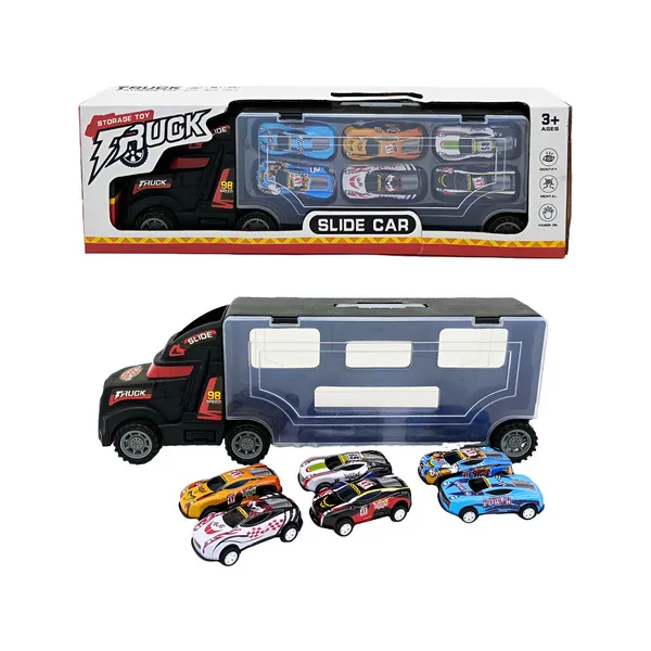 Camión Porta Autos Valija + 6 Autos De Carrera A Fricción Color Negro