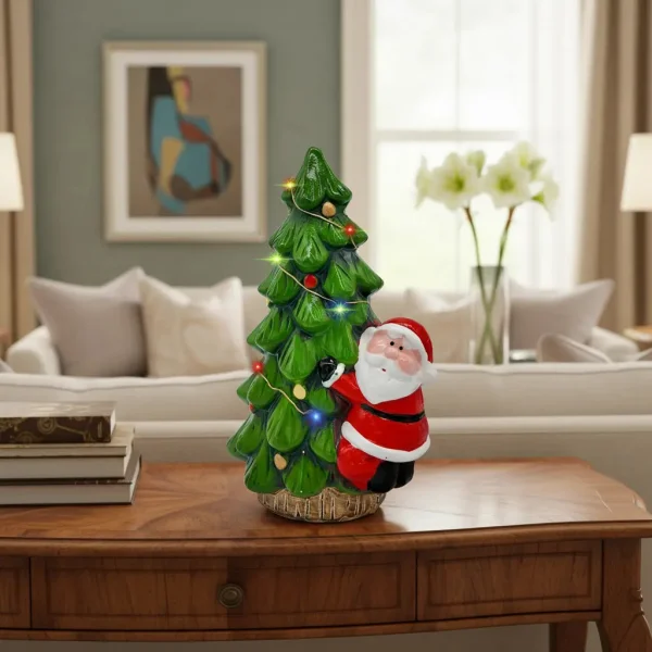 Adorno Ceramica Arbol De Navidad Papa Noel 23cm + Luz Deco