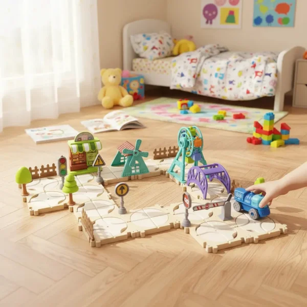 Pista Tren Eléctrico Puzzle 65 Piezas Diy Armable Niños Tren Beige