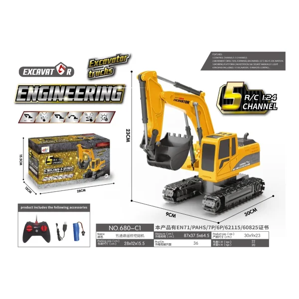 Excavadora Grua Rc 1:24 Recargable A Control Remoto Con Luz Naranja