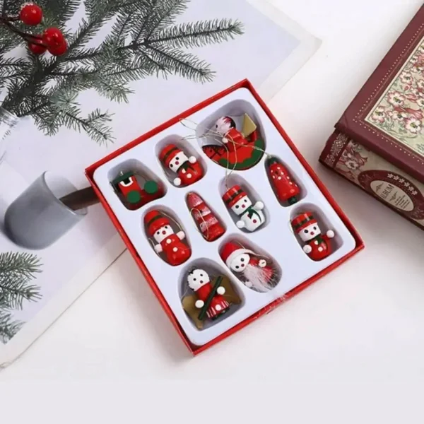 Set X10 Adornos Navideños Colgantes Madera Arbol Navidad Rojo