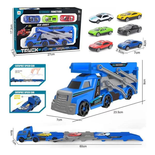 Camion Transportador Lanzador + 3 Autos De Carrera Niños Azul