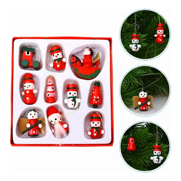 Set X10 Adornos Navideños Colgantes Madera Arbol Navidad Rojo