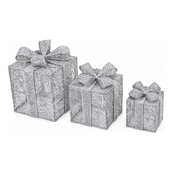 Cajas De Regalo Set X3 Decoración Adorno Navidad Con Moño Plata