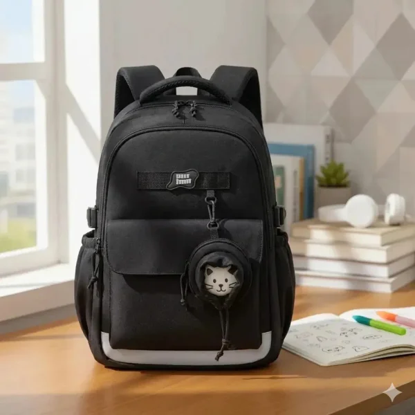 Mochila Escolar Urbana Con Monedero Y Peluche Antirrobo Nena Color Negro Floreado