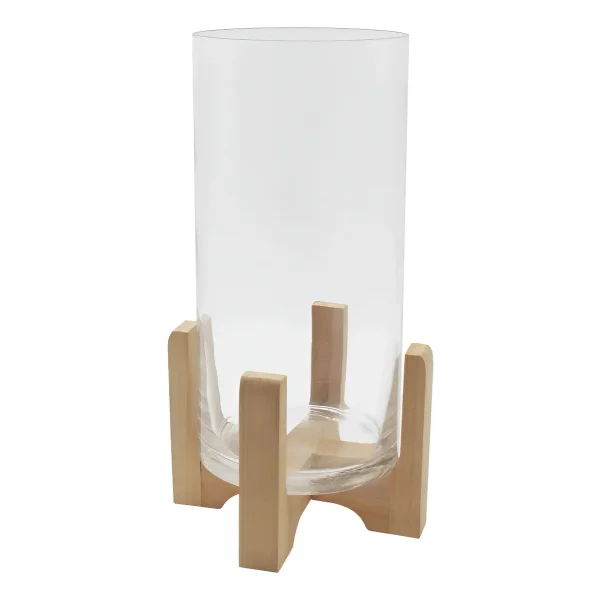 Portavela Jarrón De Vidrio Grande Con Base De Madera 34cm Transparente