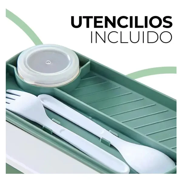 Lunchera Vianda Hermética 2 Pisos Con Cubiertos Verde Verde