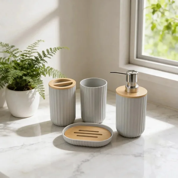 Set Accesorios Baño Kit 4 Piezas Dispenser Plastico Bambu Blanco