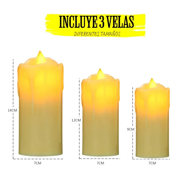 Velas Set X3 Velon Luz Led Calida Llama Efecto Fuego A Pilas Calido