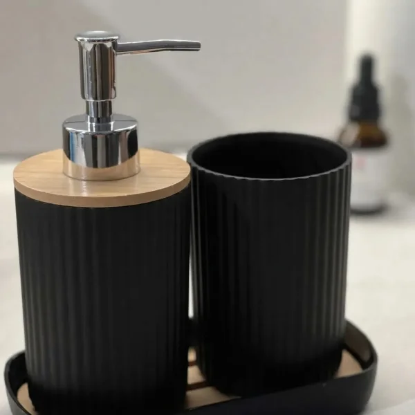Set Accesorios Para Baño 3 Piezas Bambú Dispenser Jabonera Negro